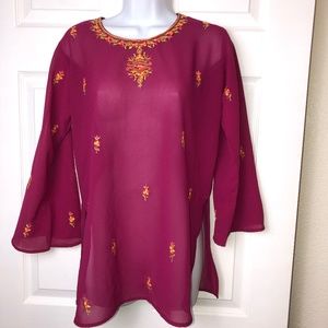 Sheer Maroon Long Sleeved Ornate Tunic